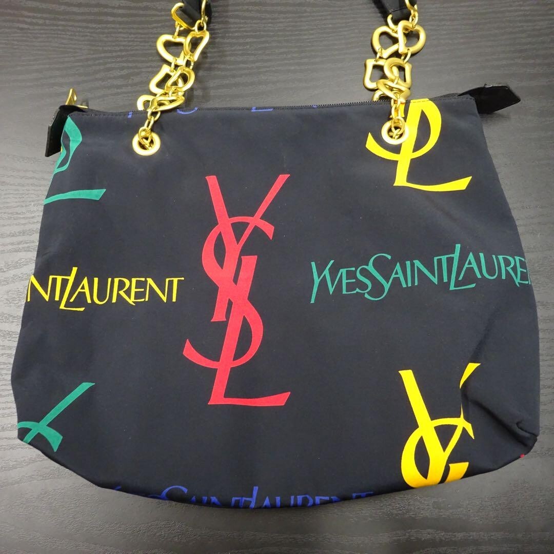 Borsa a tracolla Yves Saint Laurent Ysl logo stampa catena cuore nera usata nylon