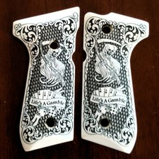 Beretta 92 92FS 96 custom 3D engraved faux ivory grips Reaper Skull Cards Gamble