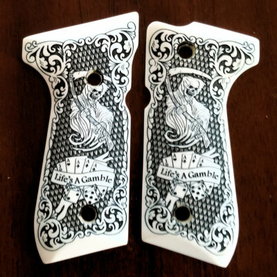 Beretta 92 92FS 96 custom 3D engraved faux ivory grips Reaper