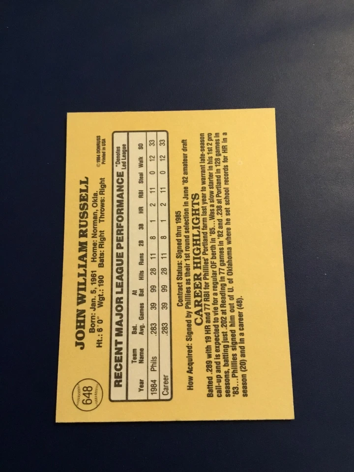 1985 Donruss # 648 JOHN RUSSELL ROOKIE RC Philadelphia Phillies Oklahoma  - Image 2 of 2