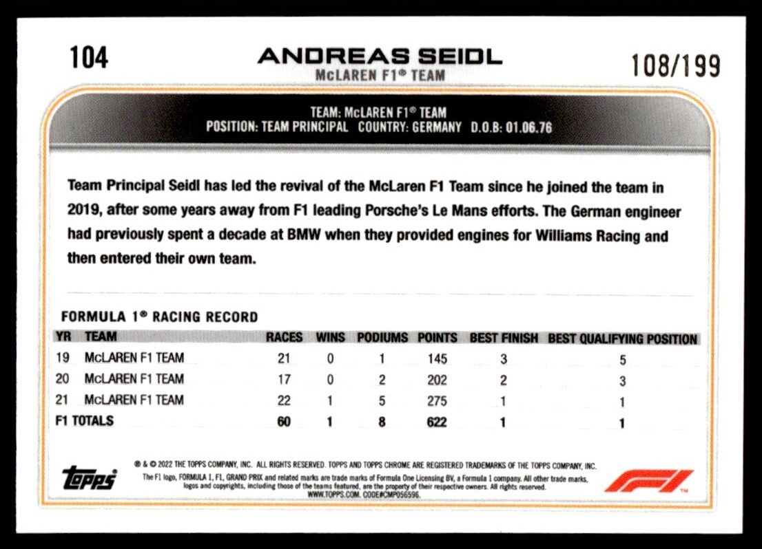 2022 Topps Chrome Formula 1 Purple Checkerboard Andreas Seidl 108 