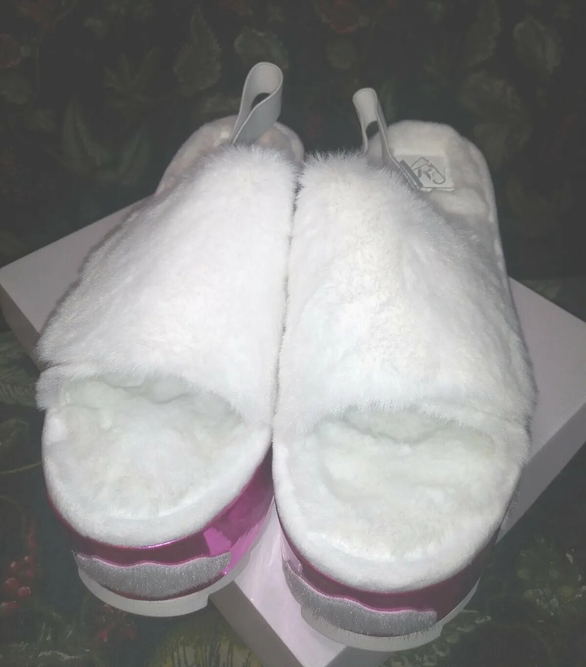 YRU Pink Sky and Clouds FAUX FUR PLATFORMS. Rave Slides. SIZE 11 Festival Slides image 4