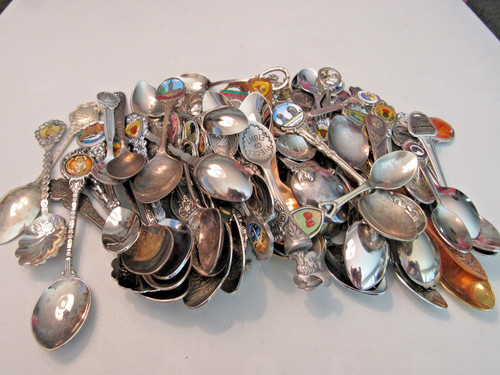 LOT OF 70 VINTAGE SOUVENIR SPOONS SILVER TONE SILVER PLATE PEWTER ENAMEL