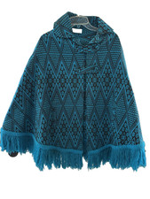 Beautiful 1960s Woven Tapestry Poncho with Fringe- Blue Black Guatemala