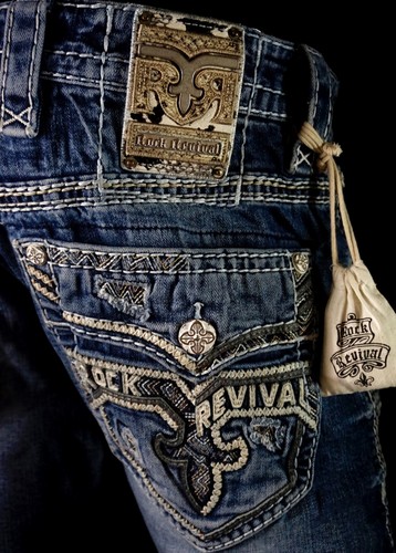 220 Mens Rock Revival Jeans Alpine Leather Inserts Straight 28 X 29