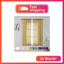 Simplebrand Gold Short Sheer Curtains 45 Inch Length for Small Windows, Rod Pock
