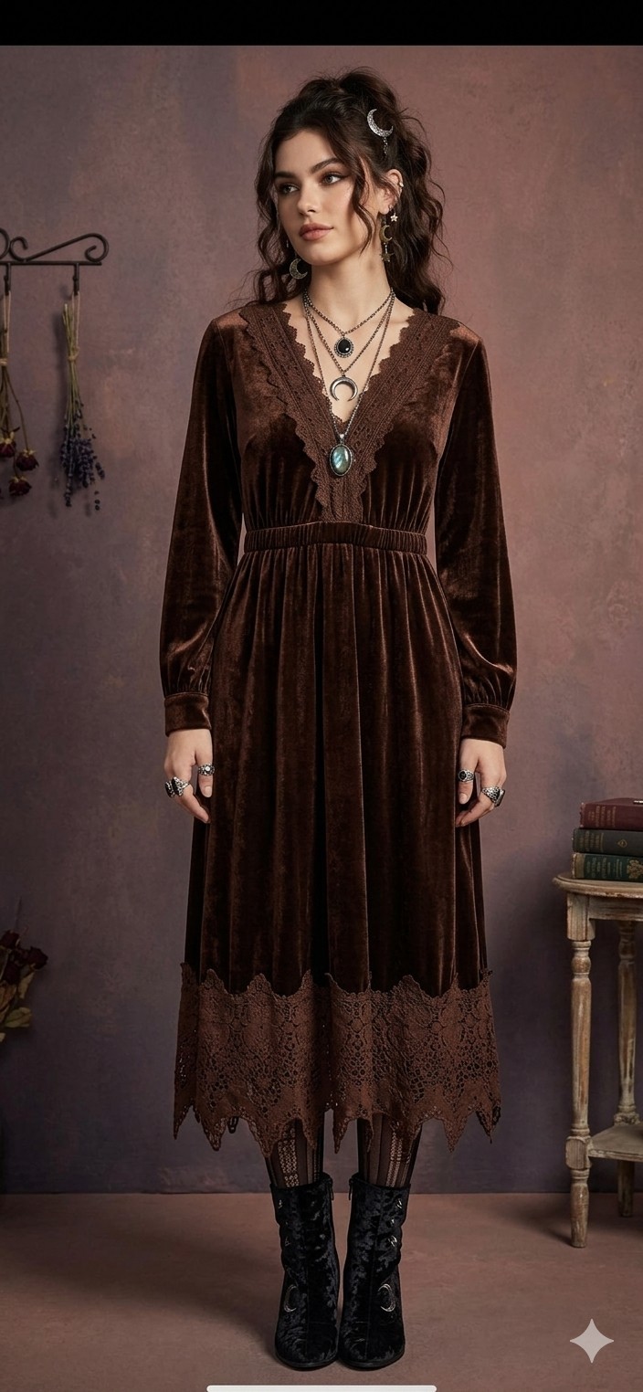 NWT Oyrosy Brown Velvet Lace Maxi Dress Women's Size L Forest Fairy Whimsigoth