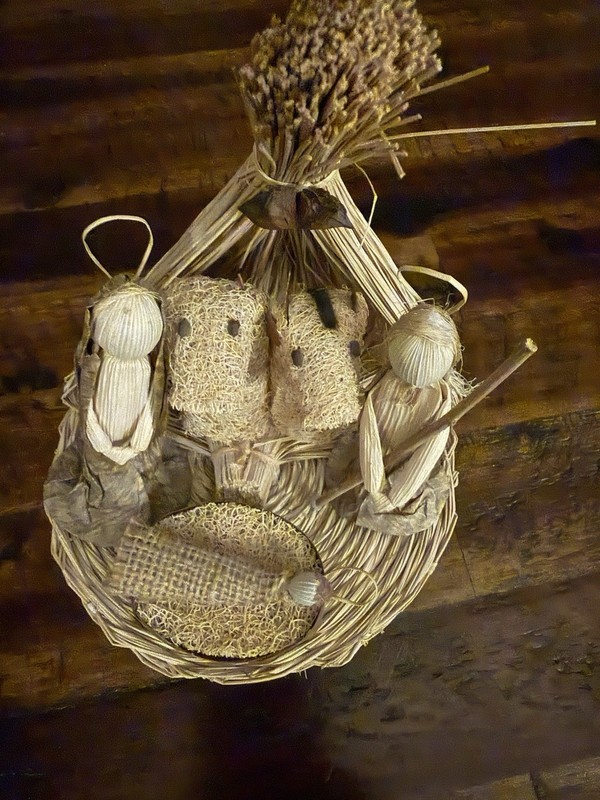 Vintage Folk Art Corn Husk & Loofah Nativity Scene.  Unique!