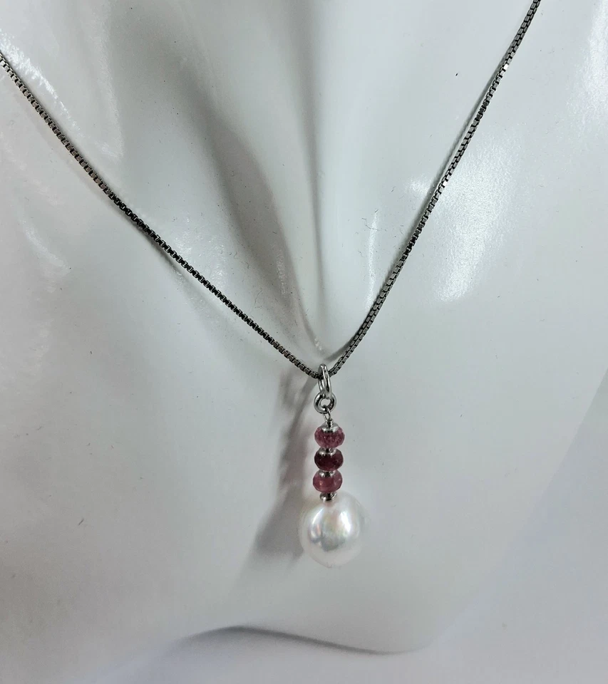 Collana in argento 925 perla barocca bianca 10/12 mm tormalina naturale natale - Immagine 3 di 4