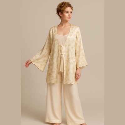 NWT 3PC THE LINGERIE COLLECTION SILK CREAM SHEER LINGERIE PAISLEY GOLD METALLIC
