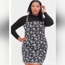 NWT Forever 21 Plus Black White Floral Pinafore Dress Size 0X Bodycon