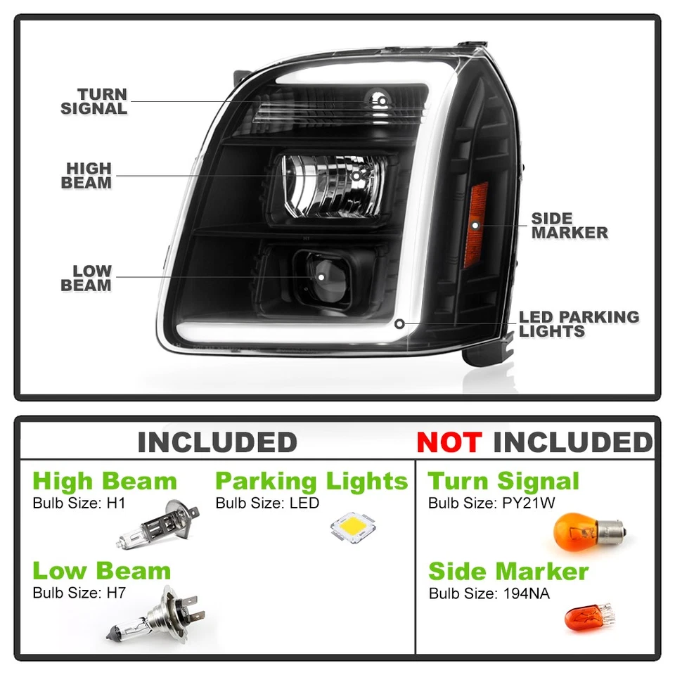 2007-2013 GMC Yukon XL 1500 2500 Black LED Tube Projector Headlights Headlamps - Image 4 of 4