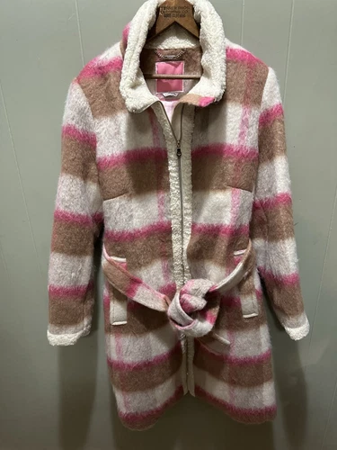 Kate Spade cappotto donna maxi lana con cintura e dettaglio sherpa bufalo a quadri taglia L