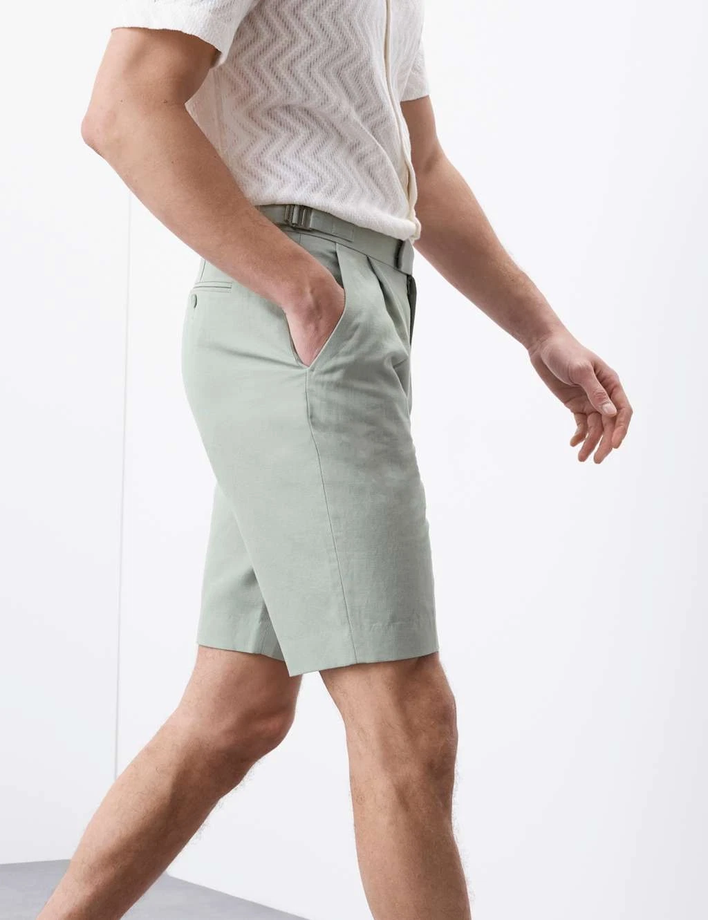 M&S - Autograph Mens Linen Pleated Shorts in Light Verdigris