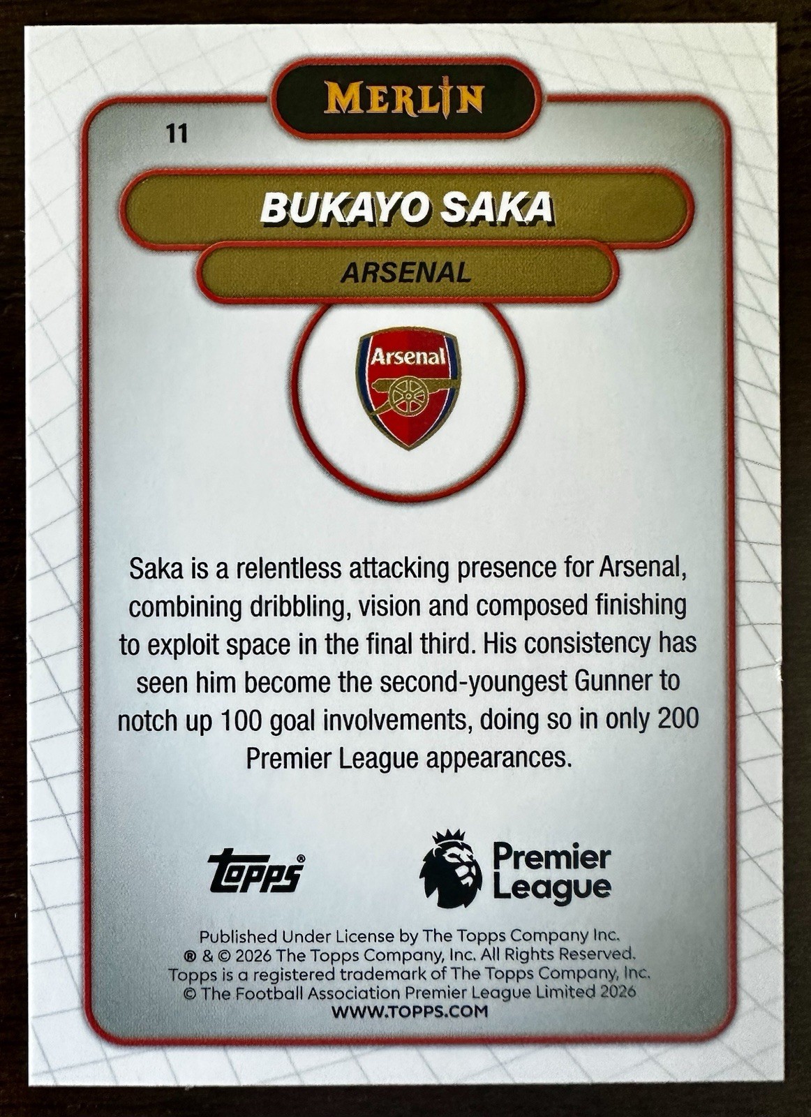 2026 Merlin Chrome Premier League Bukayo Saka Aqua /199 - Arsenal view 2