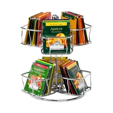 Tea Bag Carousel Station Organizer Metal Countertop Storage Silver 7x7x8.25