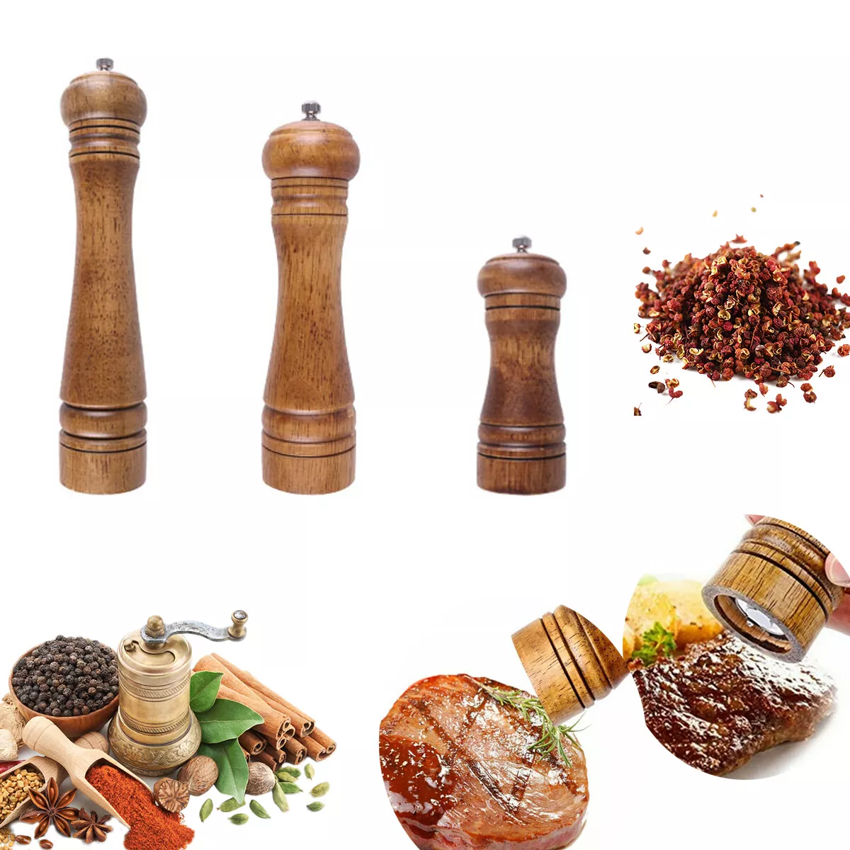 Salt and Pepper Grinder Set, Wood Pepper Mills, Wooden Salt Grinders  Refillable Manual Pepper Ginder with