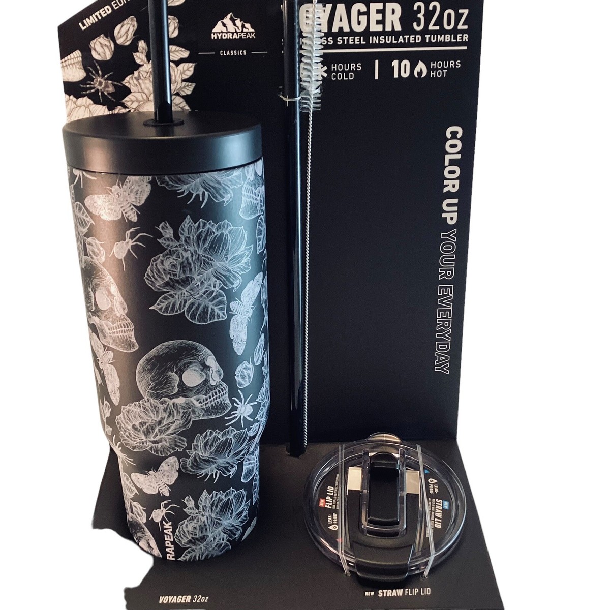 HydraPeak Water Bottle Tumbler Voyager 32oz Stainless Steel SKULLS