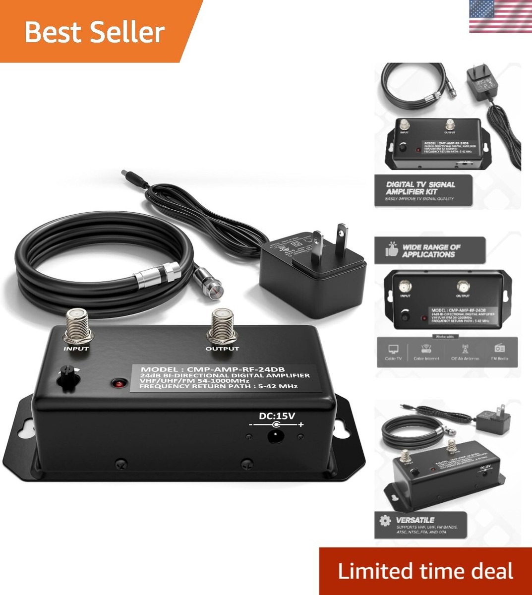 Enhanced TV Reception with 24dB Adjustable Gain Antenna Amplifier Coax  Cable