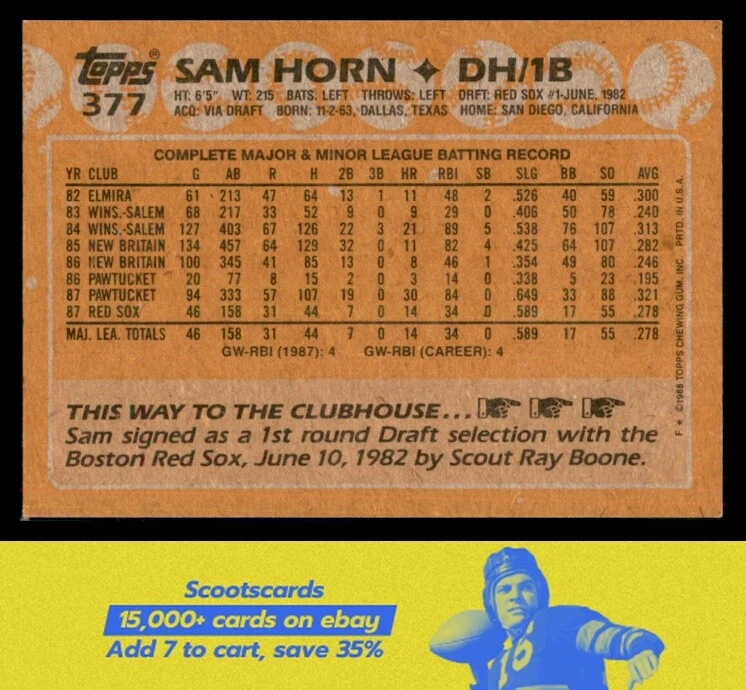 1988 Topps Sam Horn RC/Rookie IP Auto/autograph card #377 Boston Red Sox - Image 2 of 2