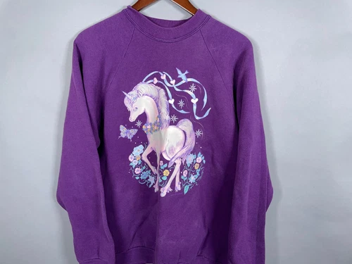 VTG 90s Unicorn Crewneck Sweatshirt Adult XL Purple 50/50 Raglan Sleeves Fantasy