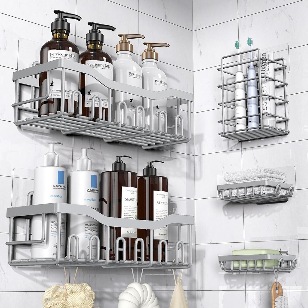 Shower Caddy 5 Pack,Adhesive Organizer for Larger Size, Light Grey