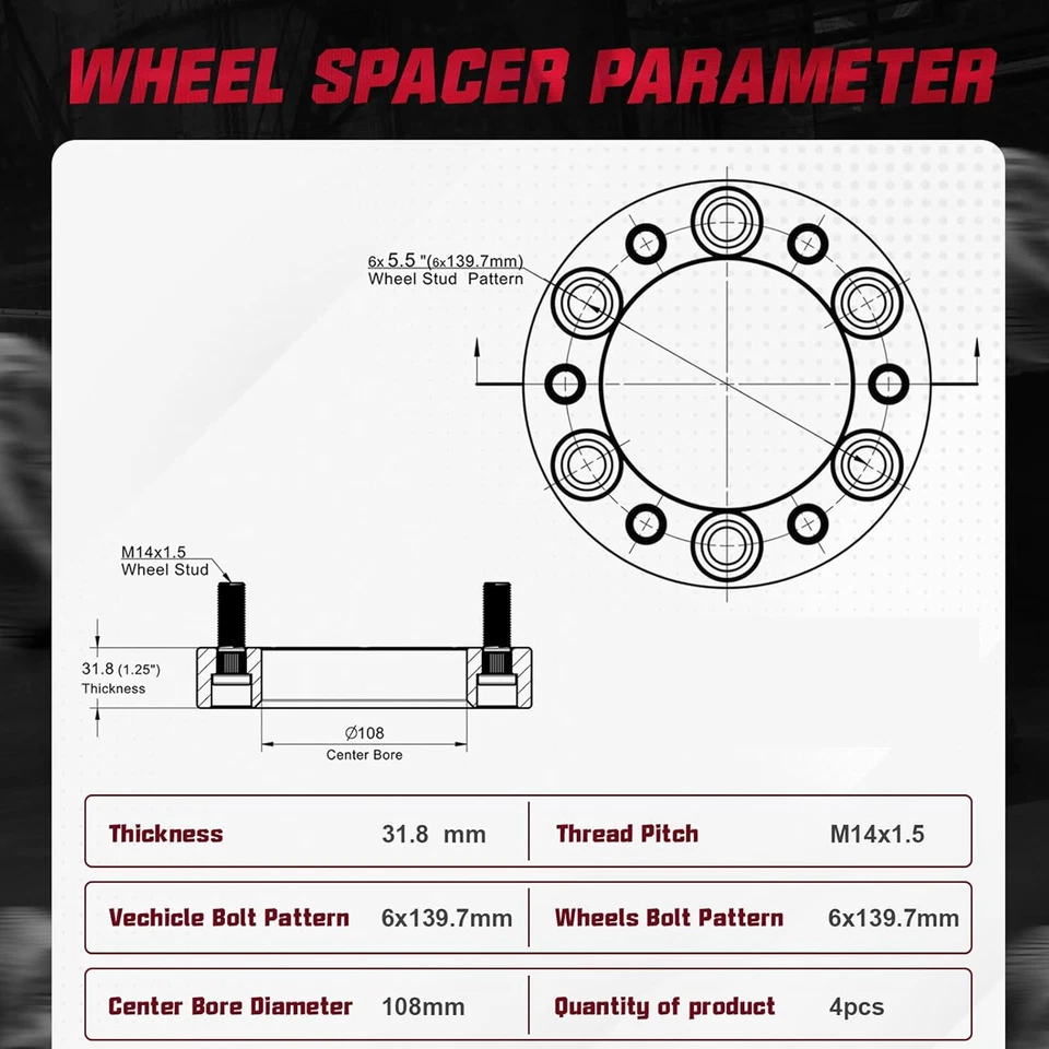 4PCS 1.25" 6x5.5 14x1.5 Wheel Spacers For Chevrolet Silverado 1500 GMC Sierra Foto 2 de 4