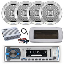 Pyle Bluetooth Marine Radio,Cover, Antenna,Amp,Kit, 4x 5.25" 400W Silver Speaker