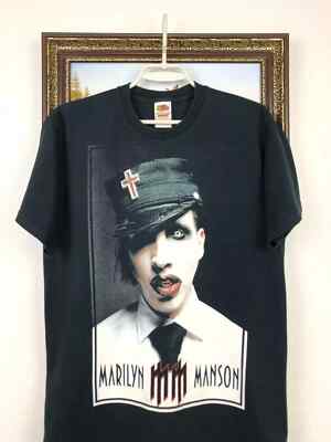 Vintage Marilyn Manson Band Tee Shirt Over Print Metal Rock Black