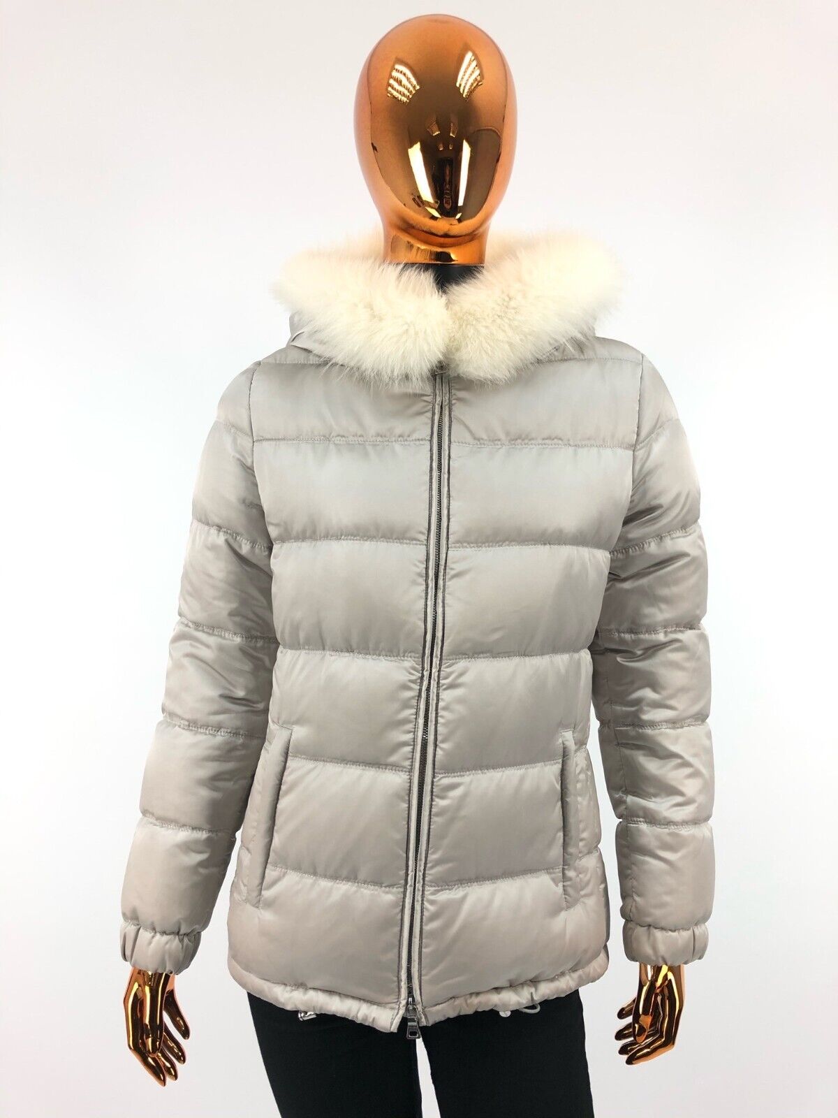 PRADA Womens Silver Polyester Puffer / Down Jacket w Fur Hood Sz S-M