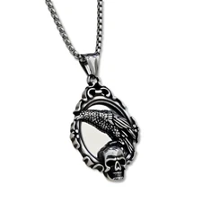 Raven Skull Pendant Steel Mirrored Steel Chain Gothic Necklace Jewellery & Boxed