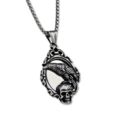 Rabenschädel Anhänger Stahl verspiegelt Stahlkette Gothic Halskette Schmuck & Box