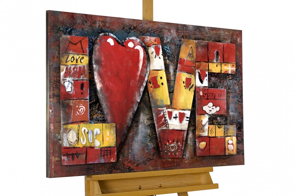 KunstLoft 3D Metallbild 'Schönstes Gefühl' – Handgefertigtes Wandbild 90x60x4cm, Grau-Rot, Für Wohnzimmer