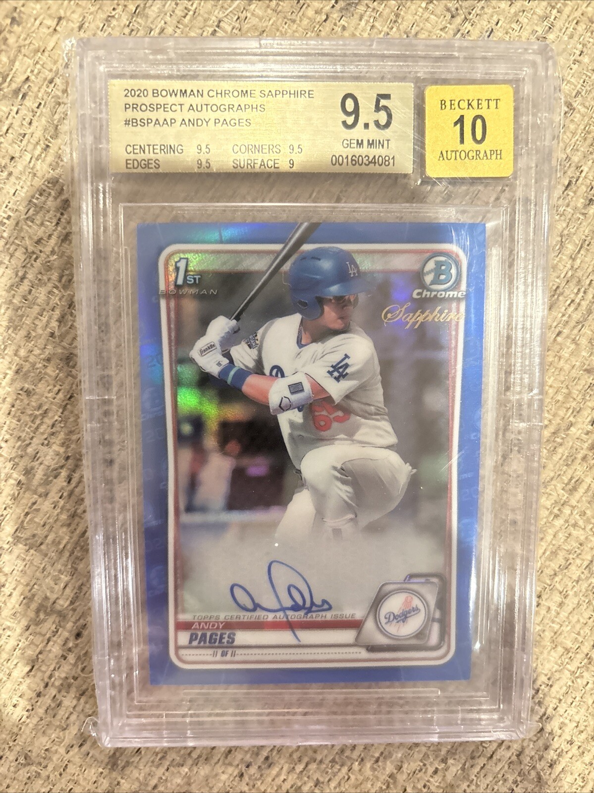 Andy Pages 2020 Bowman Chrome 1st Sapphire Edition Auto BGS 9.5/10 CPAAP Dodgers