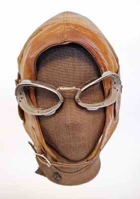 Authentic Early 20th Century Leather Aviator Motorcycle Helmet Cap w/ Goggles