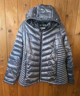 Calvin Klein Metalic Packable Down Light Puffer Coat Jacket 2X Quilted Hooded 7°