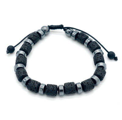 Mens Lava Rock Hematite Cylinder Bead Bracelet Adjustable   Protection Balance