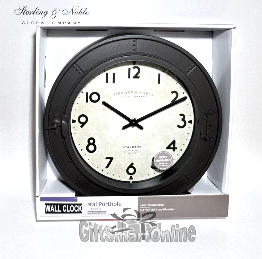 Sterling & Noble Wall Clock 11.5" Round Metal Porthole Design Bronze Finish NEW