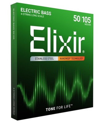 Elixir Strings, Electric Bass Guitar Medium, Long Scale (.050-.105), Silver