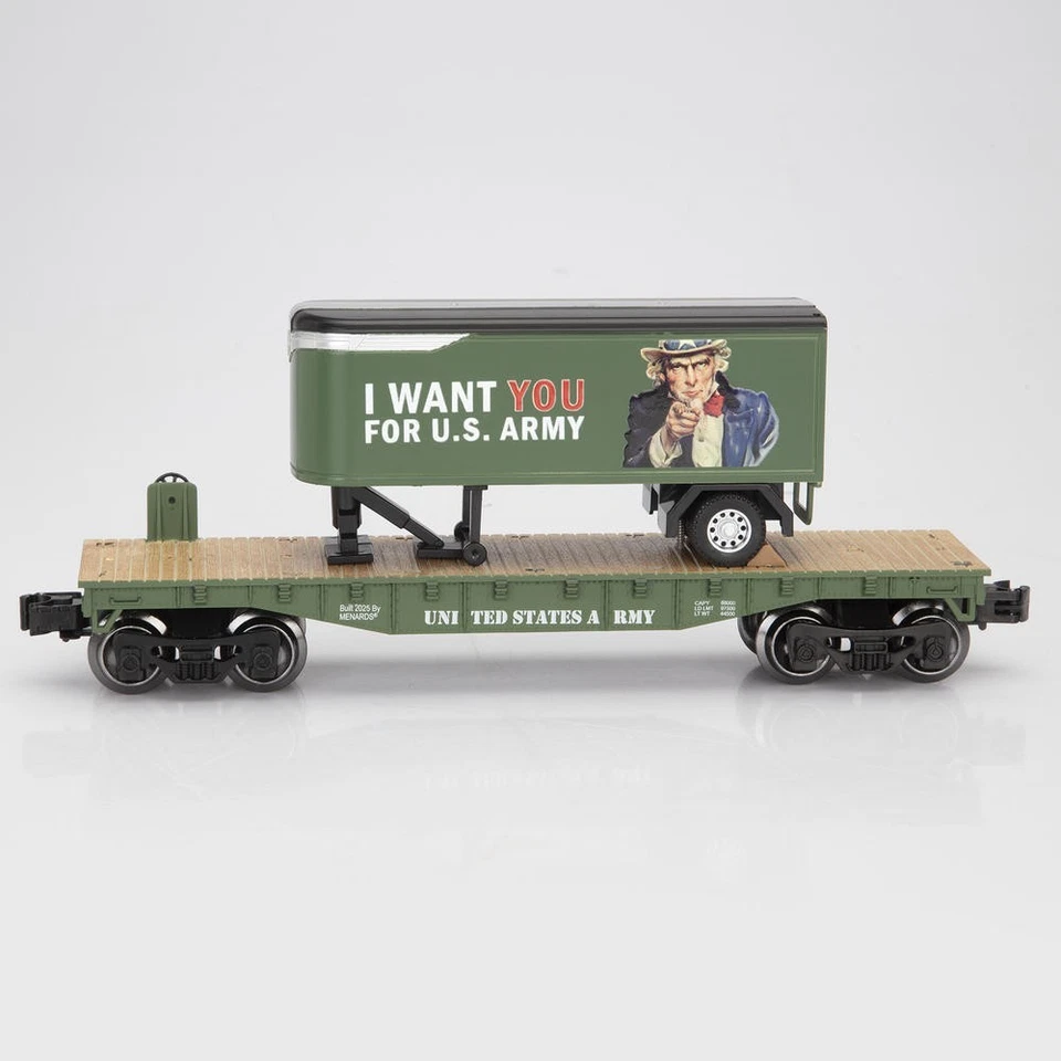 2-Piece 10-1/2" O Gauge U.S. ARMY Flatcars w/ Uncle Sam Tractor & Trailer Set - Image 3 of 4