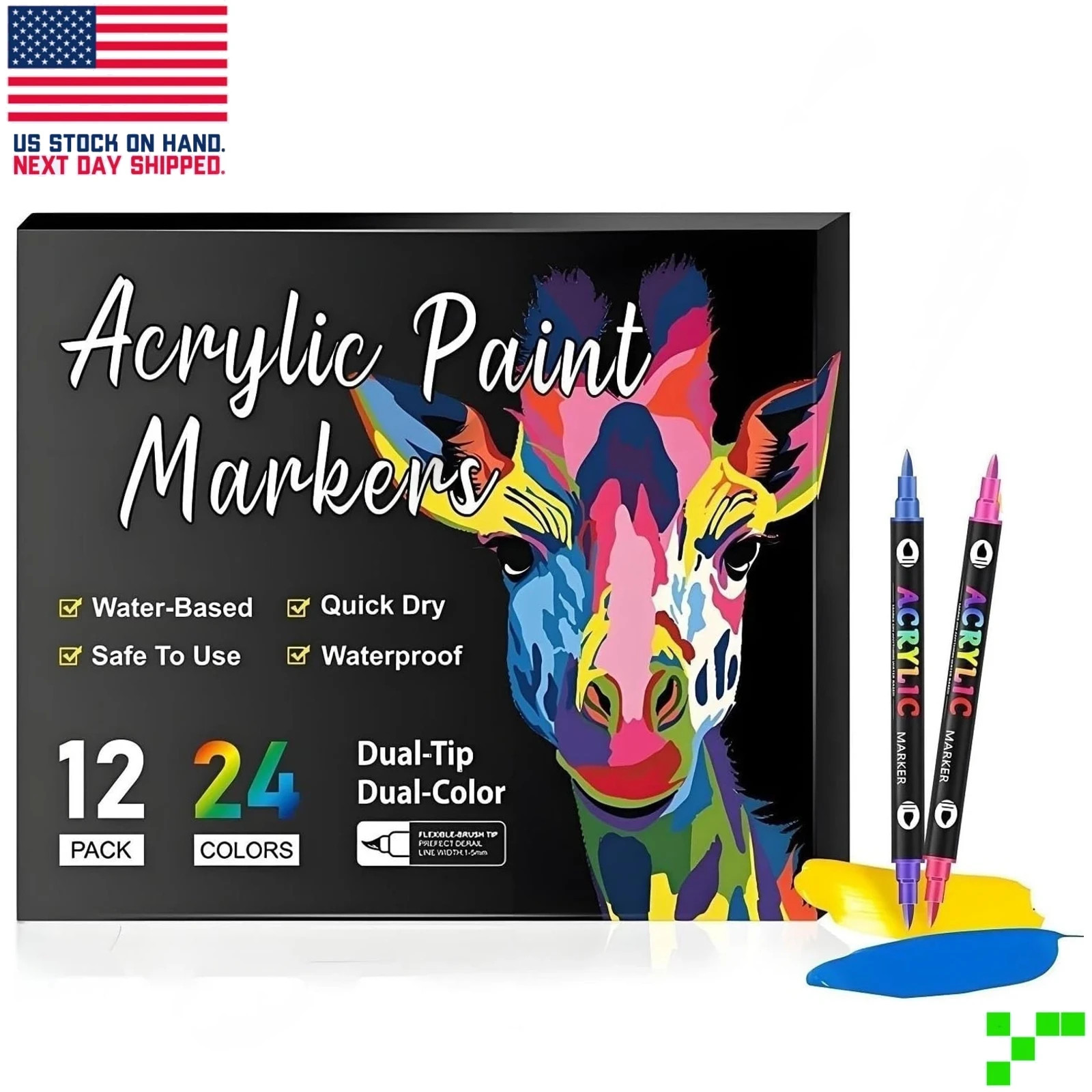 24 Color Acrylic Paint Marker Pen Set Dual Brush Tip Permane