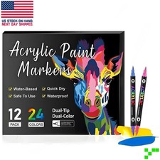 24 Color Acrylic Paint Marker Pen Set Dual Brush Tip Permanent Waterproof Opaque