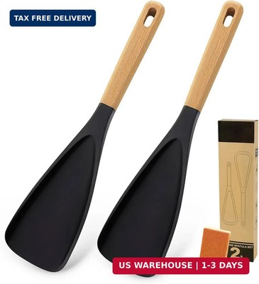 Cooking Spoon for Nonstick Cookware, 2-Pack Wooden Handle Silicone Spatula - Hea