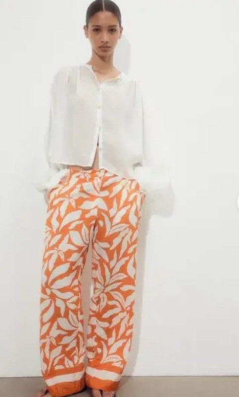 H&M Wide Leg Trouser Pant Orange White Leaf Beach Vacation Swim Pocket 4/28”