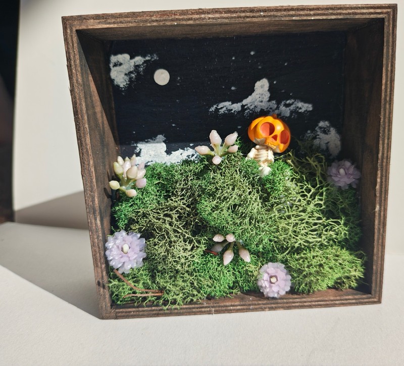 Gothic Pumpkin Boy Night Sky Wood Art, Preserved Moss 4x4x1.25 In