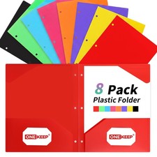 8 Pack Plastic Folders with Pockets 3 Hole Punched, Assorted Color