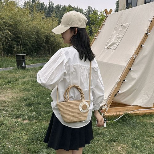 Flower Weave Straw Bag Solid Color Raffia Handbag Beach Shoulder Bag Summer - Picture 11 of 12