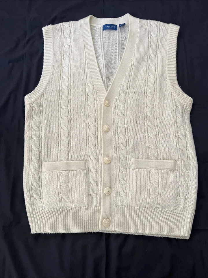 VTG Towncraft Men's L Cream Cable Knit Button Sweater Vest EC - Image 3 of 4