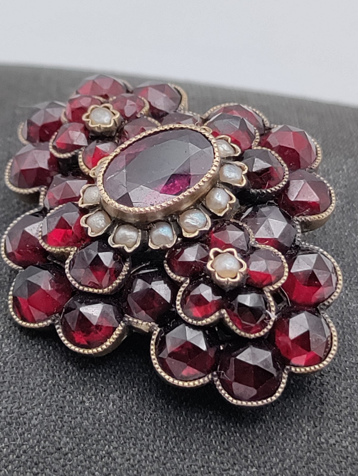 Victorian Sterling Gilt Garnet Seed Pearl Brooch