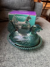 Vintage Indiana Glass Hen On A Nest Evergreen Teal Carnival Iridescent Box 7133